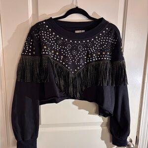 ASOS Black Cropped Sweatshirt with Gold Star Studs & Fringe